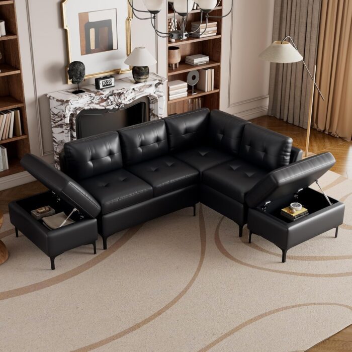 94.8" L-Shaped Pu Leather Sofa with 2 Movable Storage Ottoman, Modern Sectional Sofa Set for Living Room, Apartment, Black