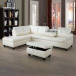 95’’ Faux Leather Sofa Set for Living Room,L-Shaped White Couch,Sectional Sofa with Storage Ottoman,The Stylish 6-seat Couch with Cupholders,Modular Chaise for Home,Apartment,Office