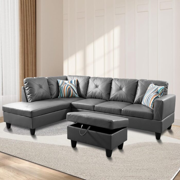 97" W Sectional Couches for Living Room, Sectional Sofas for Living Room, Modular Sectional Sofa with Storage Ottoman, L Shaped Couch, Faux Leather Couch for Living Room Furniture Sets, Dark Grey