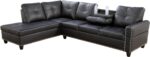 97 in L-shaped Sectional Couch, Button Tufted Upholstered Faux Leather Sofas w/ Chaise Lounge and Left Roller Armrest, Living Room Modular Furniture Sets, Foldable Console with Cup Holders (Black)