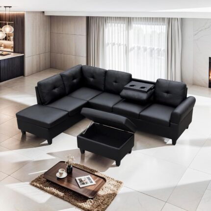 98" L-Shape Sectional Sofa with Chaise and Storage Ottoman & Cup Holders, 6-Seater Upholstered Tufting Corner Comfy Black Faux Leather Couches for Living Room, Apartment, Home Furniture Set