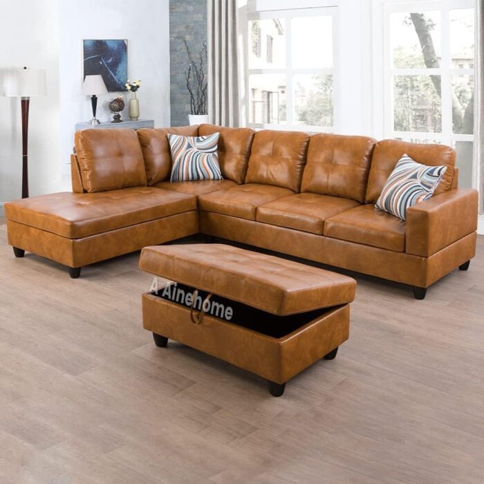 A Ainehome Sectional Sofa Faux Leather Modern L Shaped Couch Set 103.5”Wide Including Chaise and 3 Seating Sofa with Storage Ottoman for Living Room Furniture (Left Hand Facing, A-Ginger)