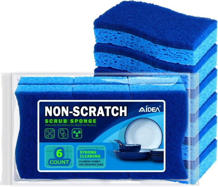 AIDEA Sponges Kitchen, Non-Scratch Scrub Sponges-6Count, Sponges for Non-Stick Cookware, Kitchen Sponges for Dishes, Cleans Fast Without Scratching, Cleaning Sponge for Kitchen, Bathroom, Household