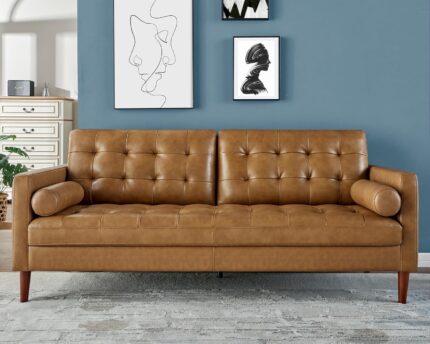 AMERLIFE Leather Sofa,Mid-Century Genuine Leather Sofa,3 Seater Modern Sofa,Comfy Couch for Living Room-Brown Leather Sofa Couch