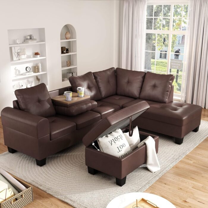 AWQM Faux Leather Sectional, Modern L-Shaped Modular Upholstered 6 Seaters Living Room Sofa Couch W/2 Cup Holders & Storage Ottoman, for Small Apartment, Brown