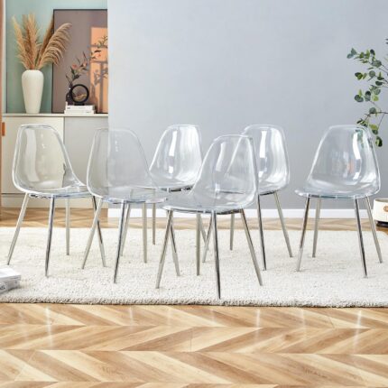 Acrylic Dining Chairs Set of 6, Clear Dining Chairs Ghost Chairs Set of 6 with Transparent Seat, Modern Dining Chairs Plastic Back Chairs for Dining Room (Silver Legs)