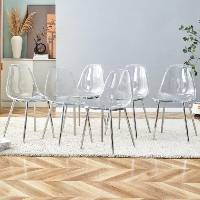 Acrylic Dining Chairs Set of 6, Clear Dining Chairs Ghost Chairs Set of 6 with Transparent Seat, Modern Dining Chairs Plastic Back Chairs for Dining Room (Silver Legs)