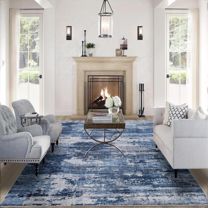 Area Rug Living Room Rugs: 5x7 Rug for Bedroom Machine Washable with Non Slip Backing Non Shedding Abstract Stain Resistant Large Carpet for Dining Room Nursery Home Office - Beige/Blue