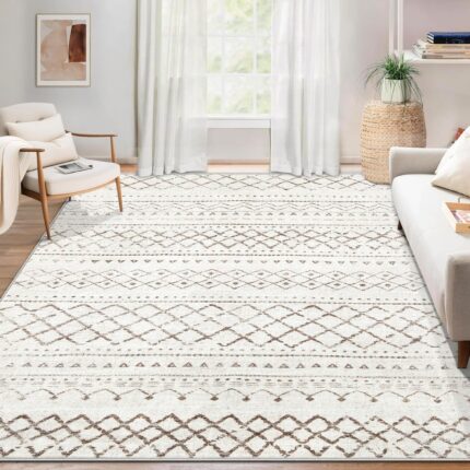 Area Rug for Living Room 6x9: Large Washable Boho Moroccan Rugs Geometric Neutral Rug, Non-Slip Foldable Morden Farmhouse Indoor Floor Carpet for Bedroom Dining Table Home(Brown,6X9)