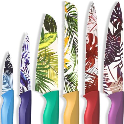 Astercook Knife Set, 12Pcs Colorful Tropical Designs Kitchen Knife Set, Palm Leaf Color-Coded Coated Stainless Steel Kitchen Knives with 6 Blade Guards, Dishwasher Safe