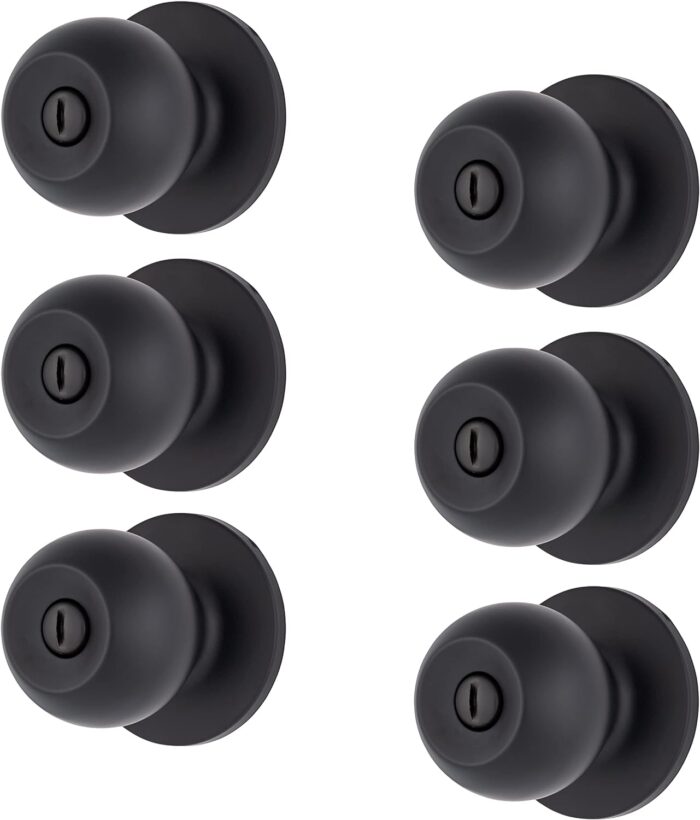 BRINKS – 6-Pack Matte Black Transitional Round Privacy Bedroom Door Knob – Privacy 6 Pack Matte Black Bed and Bath Flat Doorknob