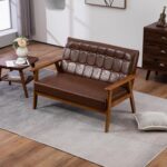 Bellemave Mid-Century Modern Solid Loveseat Sofa Upholstered Pu Leather Couch 2-Seat Wood Armchair Living Room/Outdoor Lounge Chair, Waiting Room Sofa（Brown PU）