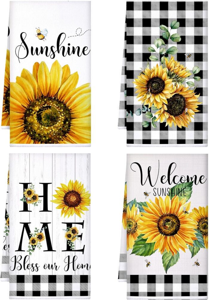 Bencailor 4 Pcs Sunflower Kitchen Towels Summer Sea Beach Flower Floral Kitchen Dish Towels Fast Drying Kitchen Decor for Cooking, 16 x 24 Inch(Yellow,Sunflower)