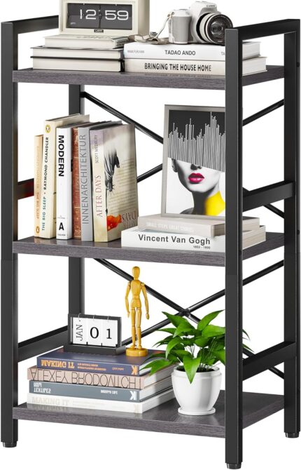 Bookshelf, 3 Tier Industrial Bookcase, Metal Small Bookcase, Rustic Etagere Book Shelf Storage Organizer for Living Room, Bedroom, and Home Office(Grey) Patent Pending D29873033