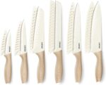 CAROTE 12PCS Knife set with Blade Guards,Granite Nonstick Ceramic Coating,Stainless Steel blade, Wooden Handle, Essential knife set,White