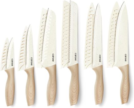 CAROTE 12PCS Knife set with Blade Guards,Granite Nonstick Ceramic Coating,Stainless Steel blade, Wooden Handle, Essential knife set,White