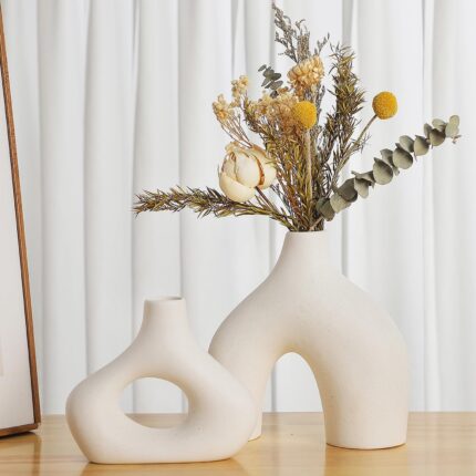 CEMABT White Ceramic Vase Set of 2 for Modern Minimalist Bohemian Decor，Round Matte Donut Vases for Pampas Grass-Perfect for Living Room, Dining Table, Office Bedroom Shelf Decor Entryway, Console