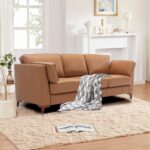 COLAMY Faux Leather Sofa Couch, Modern 3-Seater Couch for Living Room/Small Space/Bedroom, Comfy Couch with Solid Wooden Frame and Metal Legs, Brown