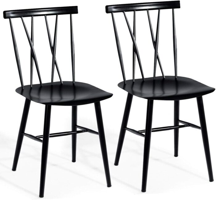 COSTWAY Dining Chair Set of 2, Farmhouse Windsor Chairs Dining Room Chairs with Spindle Back and Sturdy Metal Construction, Kitchen Side Chairs for Living Room Restaurant, Black (Height 17'')