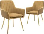 CangLong Furniture Modern Living Dining Room Accent Arm Chairs Club Guest Metal, Set of 2, Brown+Gold Legs