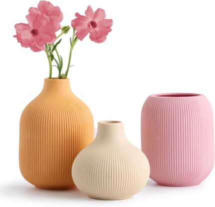 Ceramic Vase for Decor,Small Boho Vases Set for Home Decor,Modern Minimalist Farmhouse Decor,Decorative Bud Vases for Shelf Decor,Table, Bookshelf, Mantel and Entryway(Pink+Light Yellow+Orange)