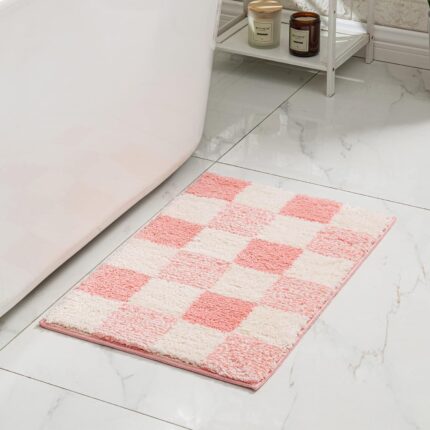 Checkered Bath mats for Bathroom Non Slip, Fluffy Absorbent Microfiber Bath mat Washable, Aesthetic Bathroom Rugs, Cute Bath mat for Shower Sink, Blossom Pink, 24" x 16"