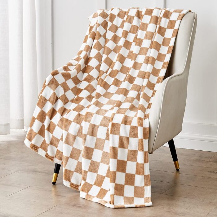 Checkered Blanket Flannel Throw Blankets Soft Cozy Checkered Grid Print Chessboard Gingham Pattern Blankets for Bed Sofa Couch for All Seasons（Blonde，50"×60"）