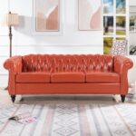 Chesterfield Luxury PU Leather 3 Seater Sofa Couch,Classic Tufted Button and Nailhead Rolled Arm for Office Living Room,Orange