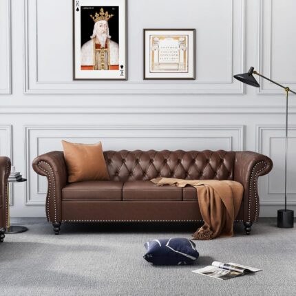 Chesterfield Sofa Leather, Modern PU Tufted Couch 3 Seater with Rolled Arms and Nailhead for Living Room, Bedroom, Office, Apartment (Dark Brown)