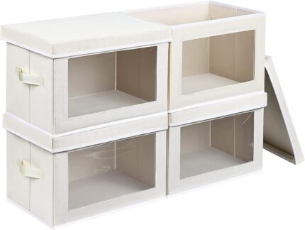 Closet Storage Bins with Lids, Large Storage Cubes Bins for Organization, Decorative Storage Boxes Baskets for Organizing, Closet Organizer Bins for Home, Office, 4 Packs, Beige