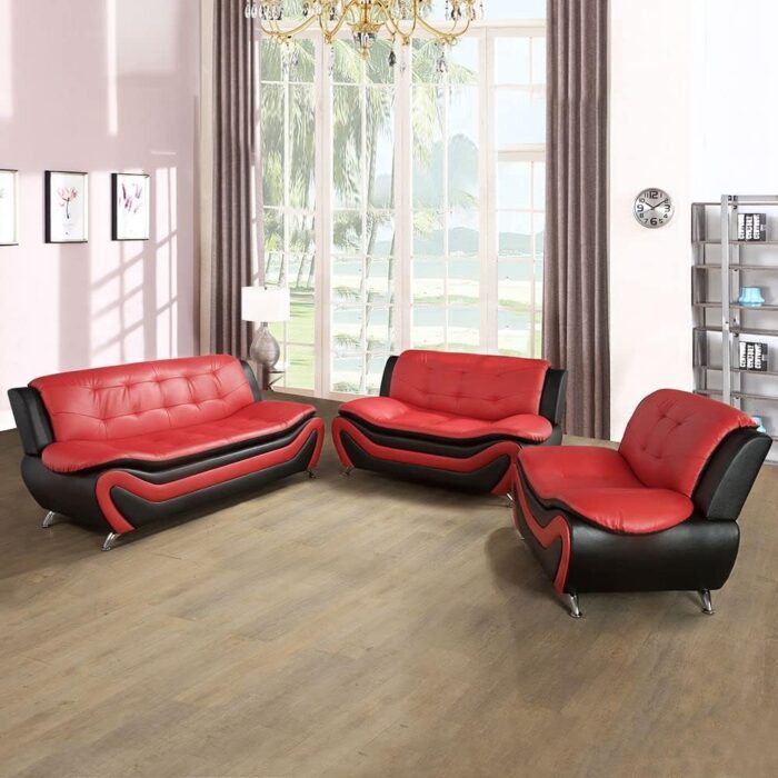 Contemporary 3 Piece Faux Leather Living Room Sofa Set with 3Seat Settee+2 Loveseat and 1 Seat Couch,Red+Black