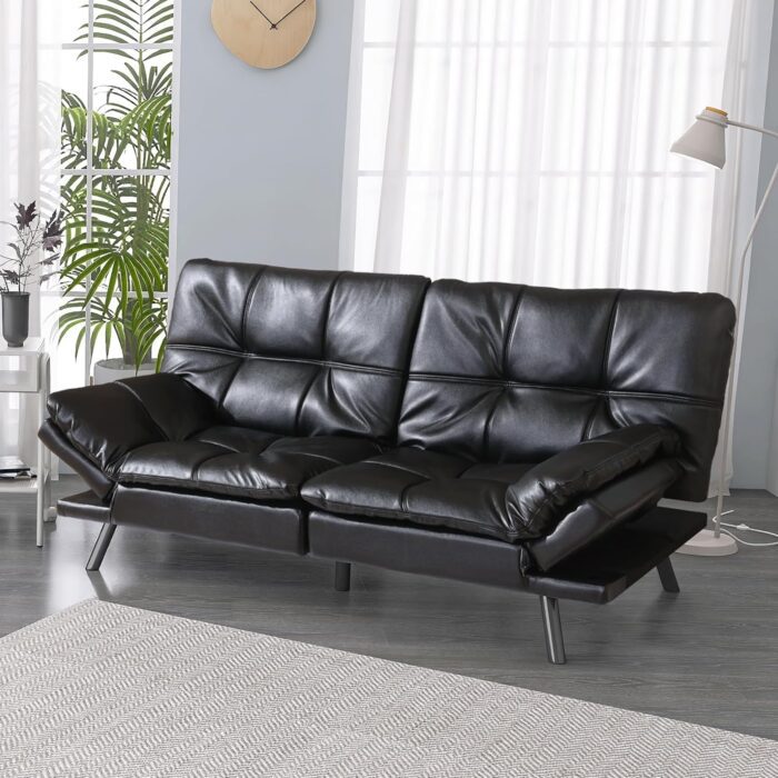 Convertible Futon Sofa Bed Couch,Faux Leather Futon Couch Bed,Memory Foam Loveseat Sleeper Sofa Bed,Small Splitback Modern Sofa Couch for Living Room,Office,Apartment,Bright Black