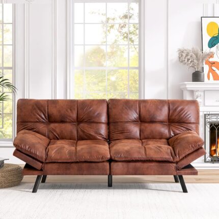 Convertible Futon Sofa Bed Couch,Memory Foam Futon Sleeper Sofa,Loveseat Sofa Bed,Small Splitback Faux Leather Modern Sofa for Living Room,Office,Apartment,Medium Brown