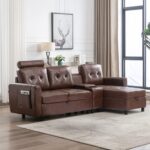 Convertible Sectional Sofa Couch, Modern Faux Leather 3 Seat L Shaped Sofa with Cup Holders & Storage, Tufted Sleeper Sectional Sofa for Living Room, Apartment, Office, 89Inch(PU Brown)