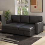 Convertible Sleeper Sofa 3 in 1, Faux Leather Modern L-Shaped Couches for Living Room, Pull Out Sectional Futon Sofa Bed with Storage Space, USB Ports and Cup Holders for Bedroom