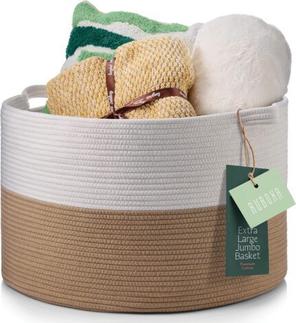 Decorative Jumbo Blanket Basket for Living Room - 100% Cotton Rope Woven Basket for Storage with 2 Easy Carry Handles, Holds up to 40Lb - Ideal for Pillows, Blankets, Laundry Hamper & Baby Toy Bin.