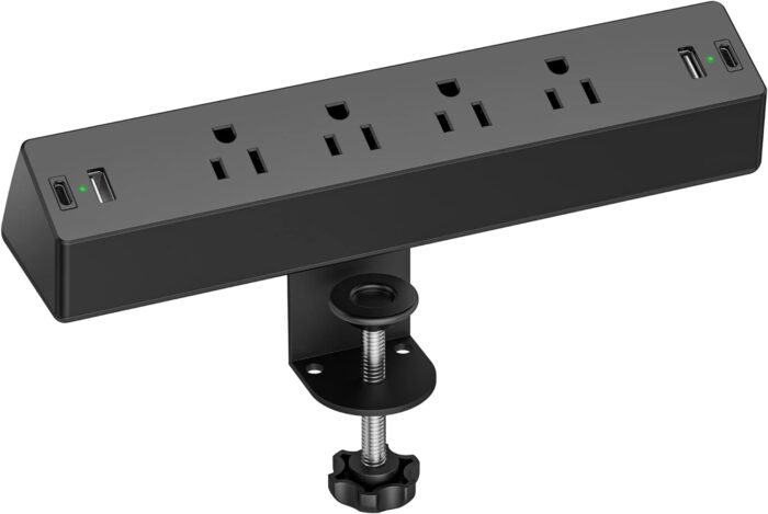 Desk Clamp Power Strip, 1875W Surge Protectors with 2 USB A, 2 USB C Ports, 4 AC Outlets, Desk Mount Charging Station, Fit 1.7 inch Tabletop Edge Thick, Desk Outlets for Home Office.