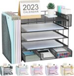 Desk Organizer with File Holder, 5-Tier Paper Letter Tray File Organizer with Drawer and Pen Holder, Mesh Desktop Office Organization and Storage for School Home Office Supplies(Black)