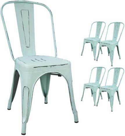 Devoko Metal Indoor-Outdoor Chairs Distressed Style Kitchen Dining Chairs Stackable Side Chairs with Back Set of 4 (Blue)