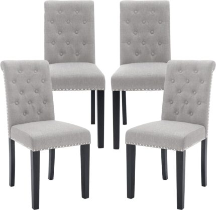 Dining Room Chairs Set of 4 Upholstered Fabric Kitchen Chairs Dining Room Side Chair with Nailhead Trim and Rubber Wood Legs, Light Gray