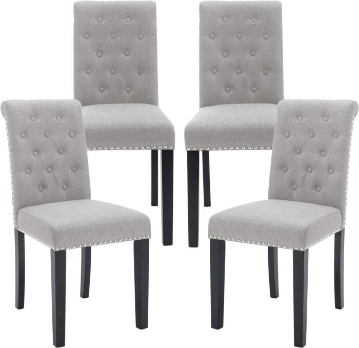 Dining Room Chairs Set of 4 Upholstered Fabric Kitchen Chairs Dining Room Side Chair with Nailhead Trim and Rubber Wood Legs, Light Gray