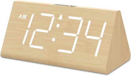 DreamSky Wooden Digital Alarm Clocks for Bedrooms - Electric Desk Clock with Large Numbers, USB Port, Battery Backup Alarm, Adjustable Volume, Dimmer, Snooze, DST, 12/24H, Wood Décor (Bamboo-White)