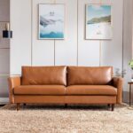 Dreamsir 80'' Faux Leather Sofa Couch, Mid-Century Modern Sofa with Solid Wooden Frame & Padded Cushions, 3-Seater Couch for Living Room, Apartment, Lounge Room (Brown)