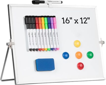 Dry Erase White Board, Cazeyoo Magnetic Desktop Whiteboard 16 x 12inch with Stand, 10 Markers, 4 Magnets and 1 Eraser, Portable Double-Sided White Board for Kids Drawing, Office, Home, School