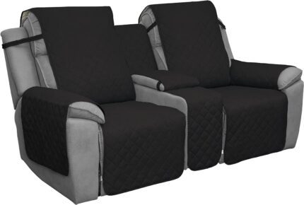 Easy-Going Loveseat Recliner Cover with Console, Reversible Couch Cover for Living Room, Split Sofa Cover for Each Seat with Elastic Straps for Kids, Dogs, Pets(2 Seater, Black/Beige)