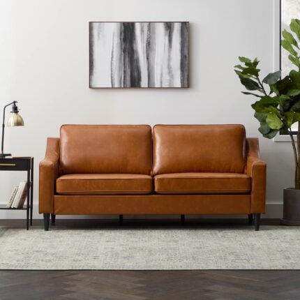 Edenbrook Jensen Upholstered Couch - Couches for Living Room - Camel Faux Leather Couch - Living Room Furniture - Small Couch - Seats Three - Scoop Arm Modern Couch