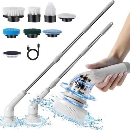 Electric Spin Scrubber - 2024 New Cordless Cleaning Brush with 8 Replaceable Brush Heads, Tub Floor Tile Dual Speed Power Shower Scrubber with Adjustable and Detachable Handle for Bathroom Kitchen Car