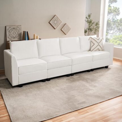 Elizabeth Modular 4 Piece Sofa for Living Room with Extendable Design & Soft Comfortable Seating, Air Leather Modern sofa couch with Sturdy Wooden Frame, Ideal for Small Spaces Easy Assembly, White