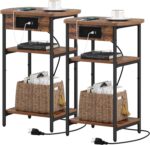 End Tables with Charging Station, Narrow Side Tables Living Room, Nightstands Set of 2, Storage Bed Side Tables with USB Port & Outlet, Rustic Brown and Black ET15201B