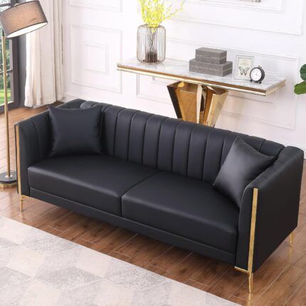 FOTOSOK 78'' Sofa, Black Sofas Couches for Living Room, Comfy Sofa Faux Leather Sofa 3 Seater Sofa with 2 Throw Pillows and Gold Metal Legs, Deep Seat Sofas for Living Room (Black)